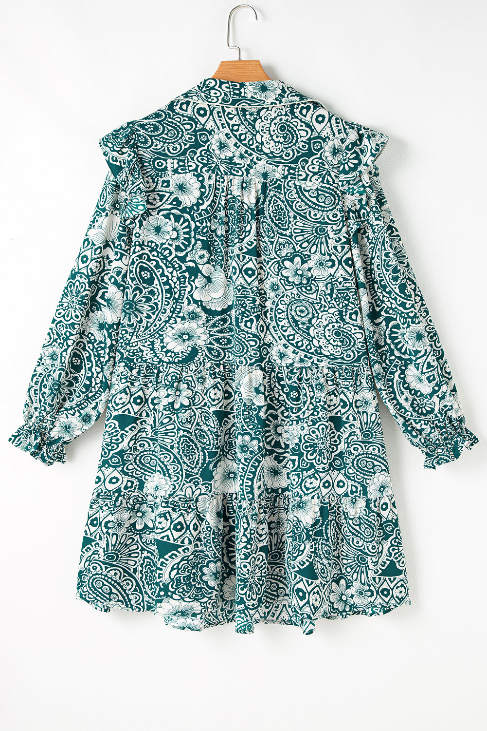 Green Boho Floral Puff Sleeve Split Neck Plus Size Dress