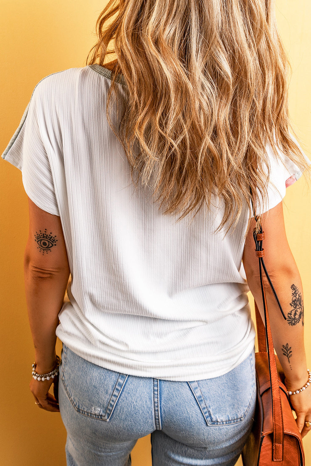 White Ribbed Color Block Patchwork Plus T shirt