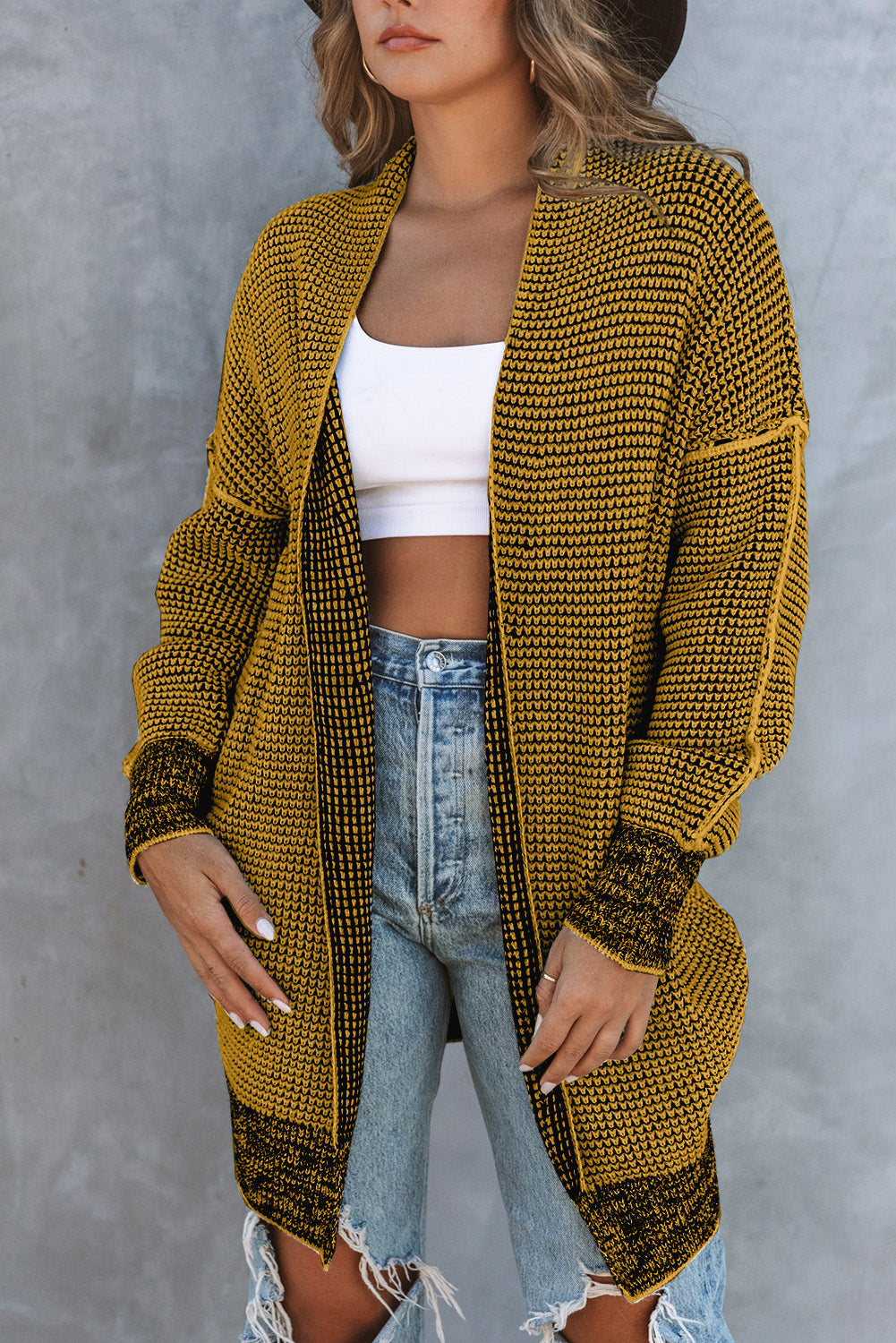 Grey Plaid Contrast Trim Casual Knit Cardigan