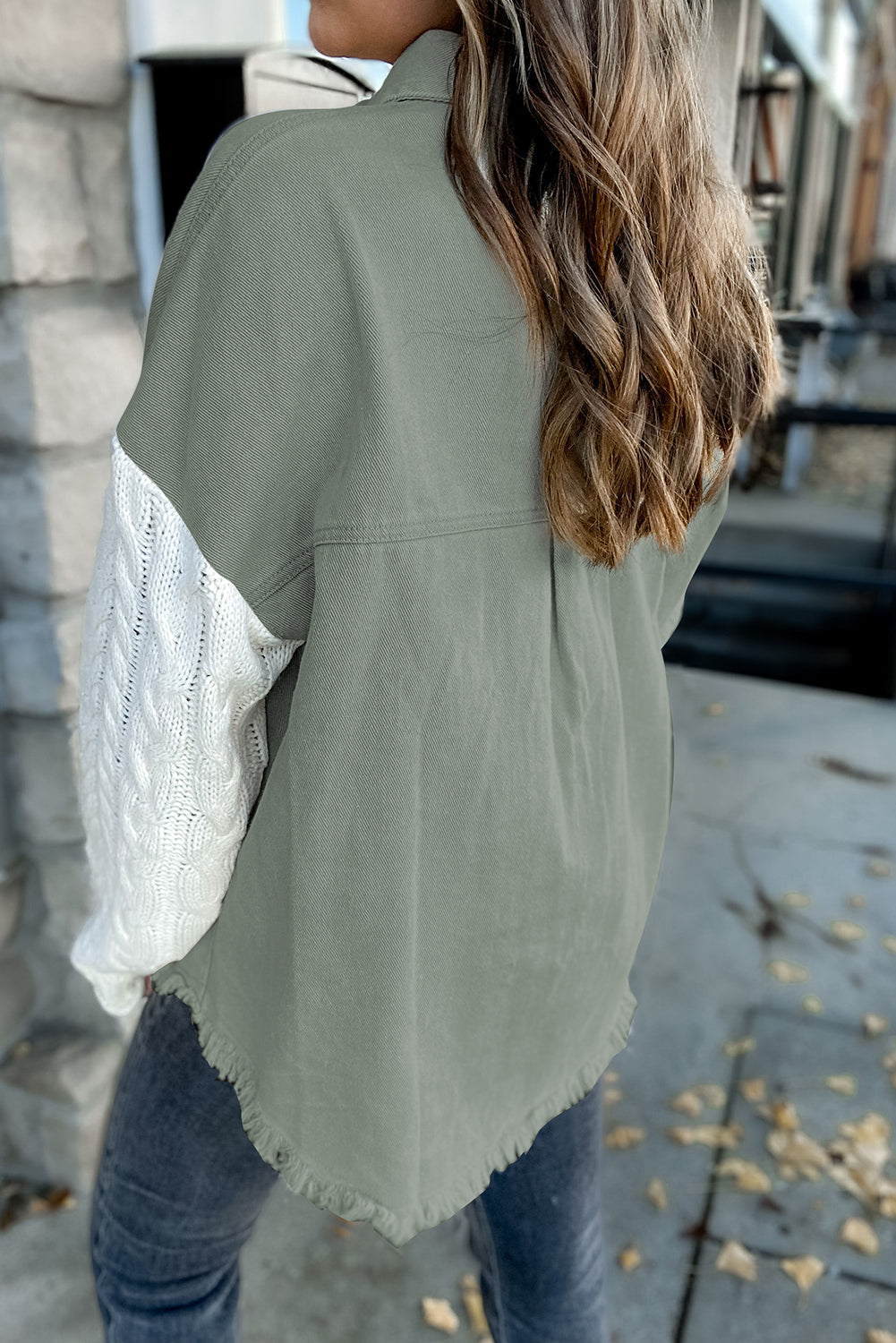 Green Cable Knit Patchwork Sleeve Raw Hem Shacket
