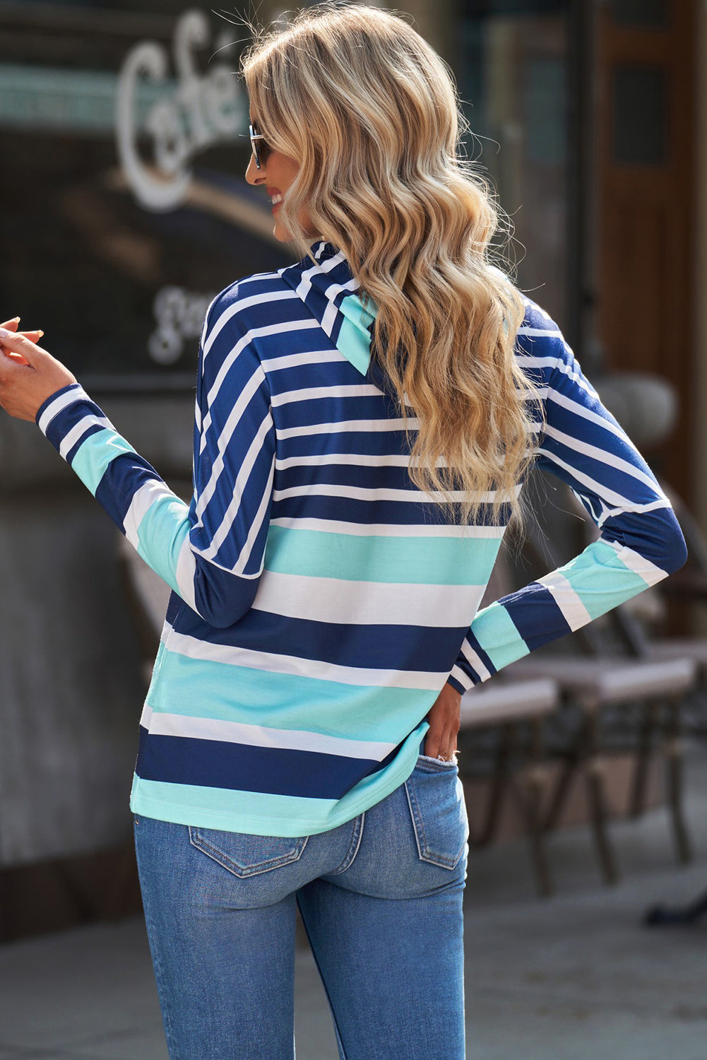 Blue Striped Color Block Drawstring Long Sleeve Hoodie