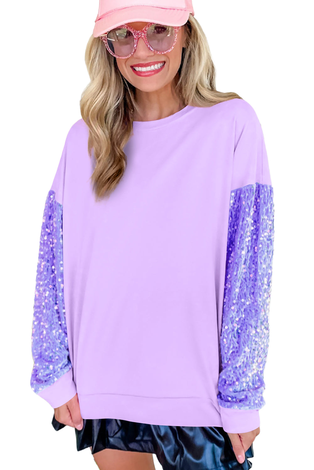 Pink Sequin Patchwork Long Sleeve Pullover Top