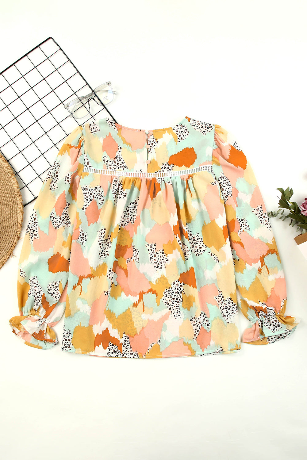 Multicolor Abstract Print Ruffle Puff Sleeve Blouse