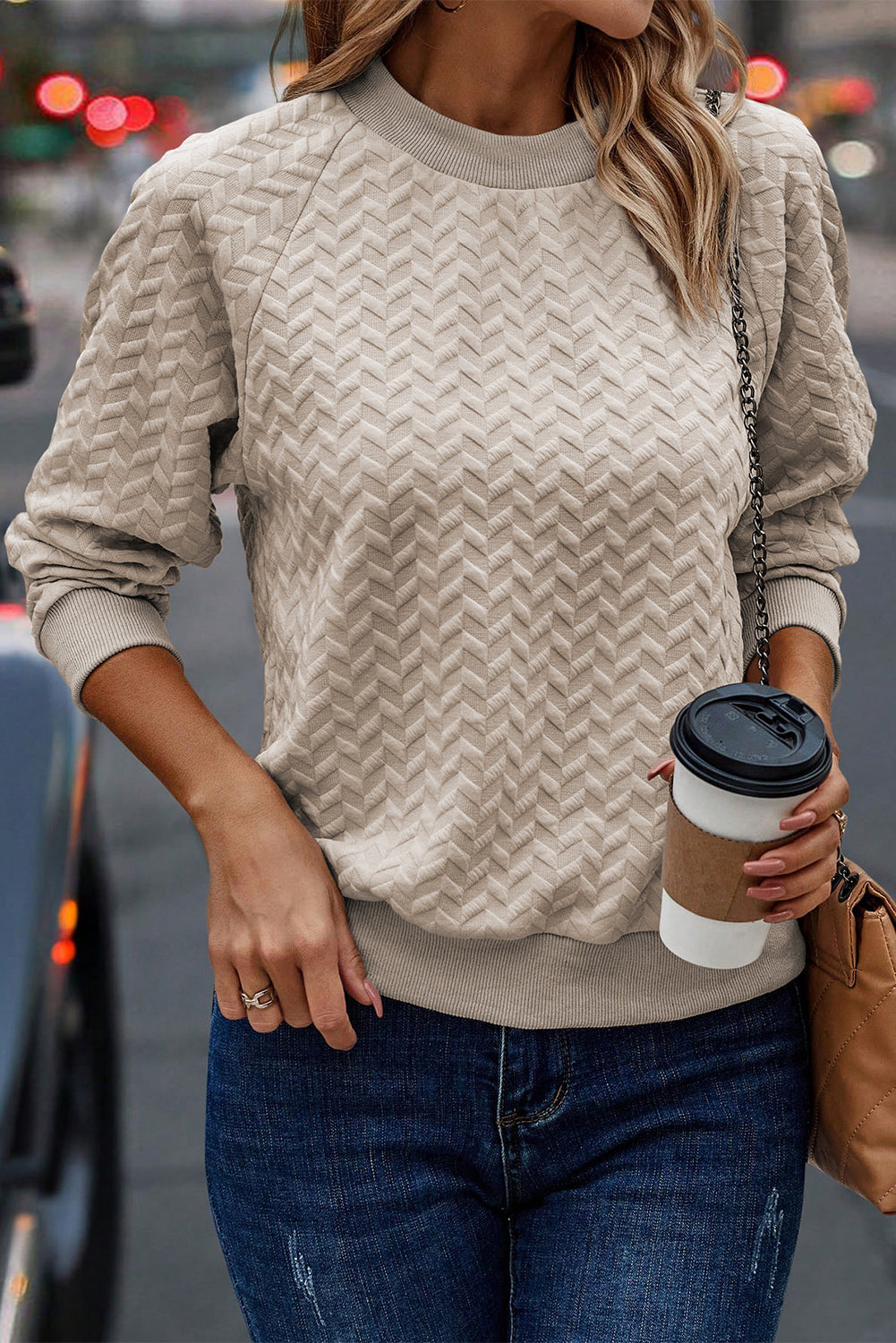 Jungle Green Solid Textured Raglan Sleeve Pullover Sweatshirt