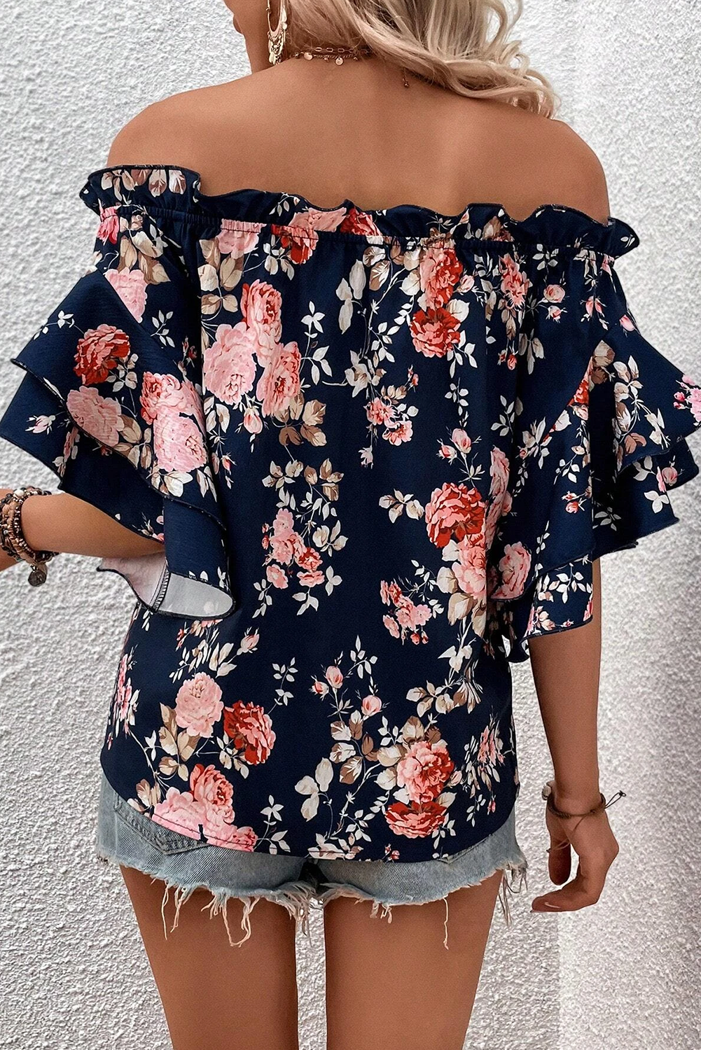 Ruffle Off Shoulder Flounce Sleeve Blue Floral Blouse