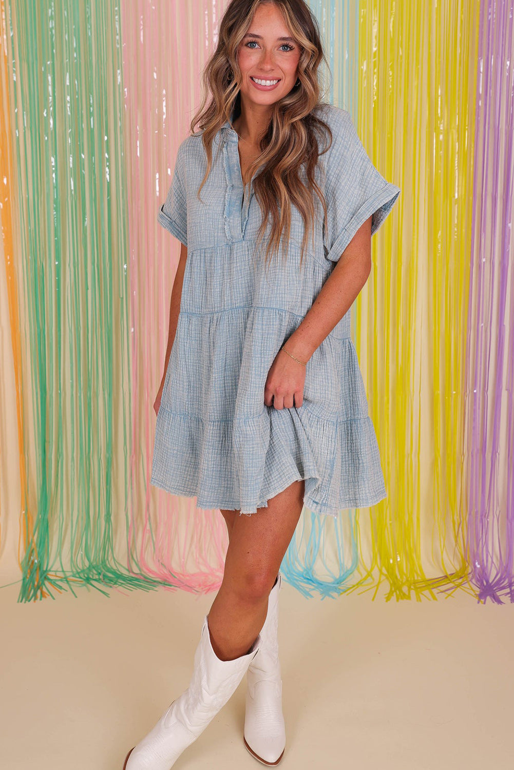 Beau Blue Mineral Wash Tiered Dress
