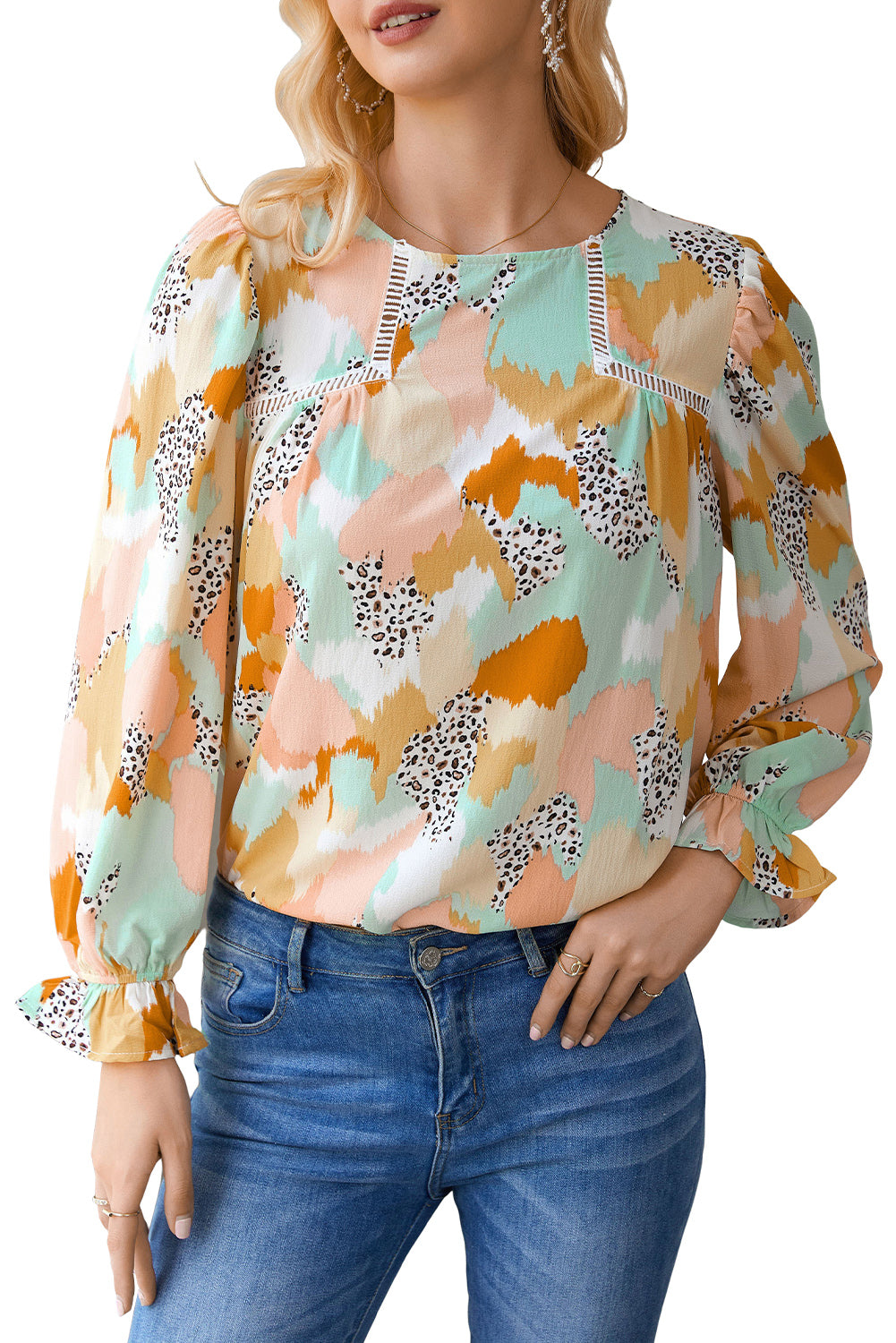 Multicolor Abstract Print Ruffle Puff Sleeve Blouse