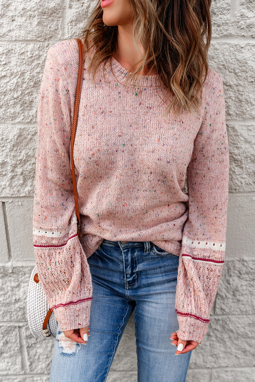 White Pilling Detail Patterned Sleeve Sweater