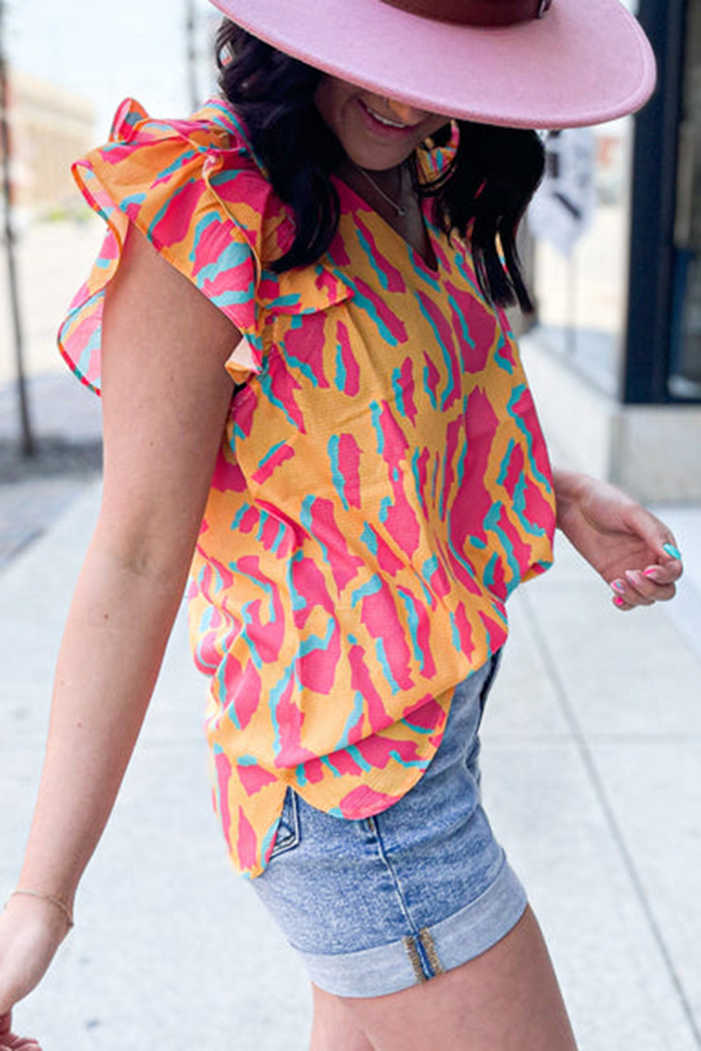 V-Neck Ruffle Sleeve Colorblock Blouse