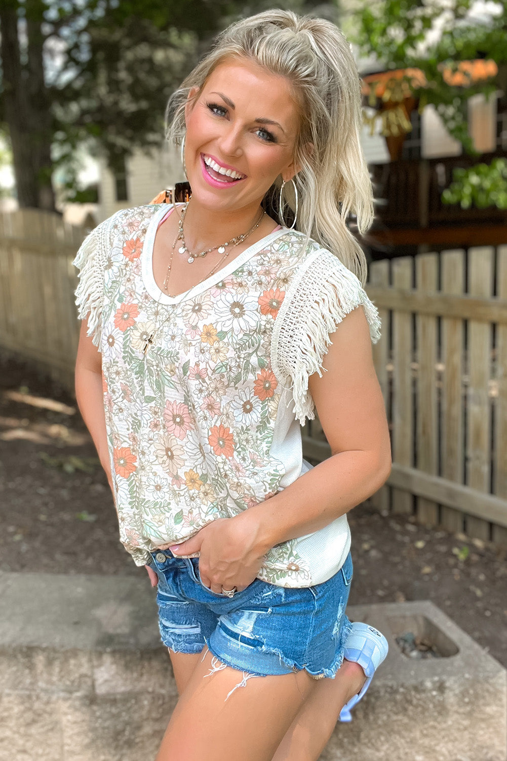 White Floral Print Fringe Shoulder Sleeveless Shirt