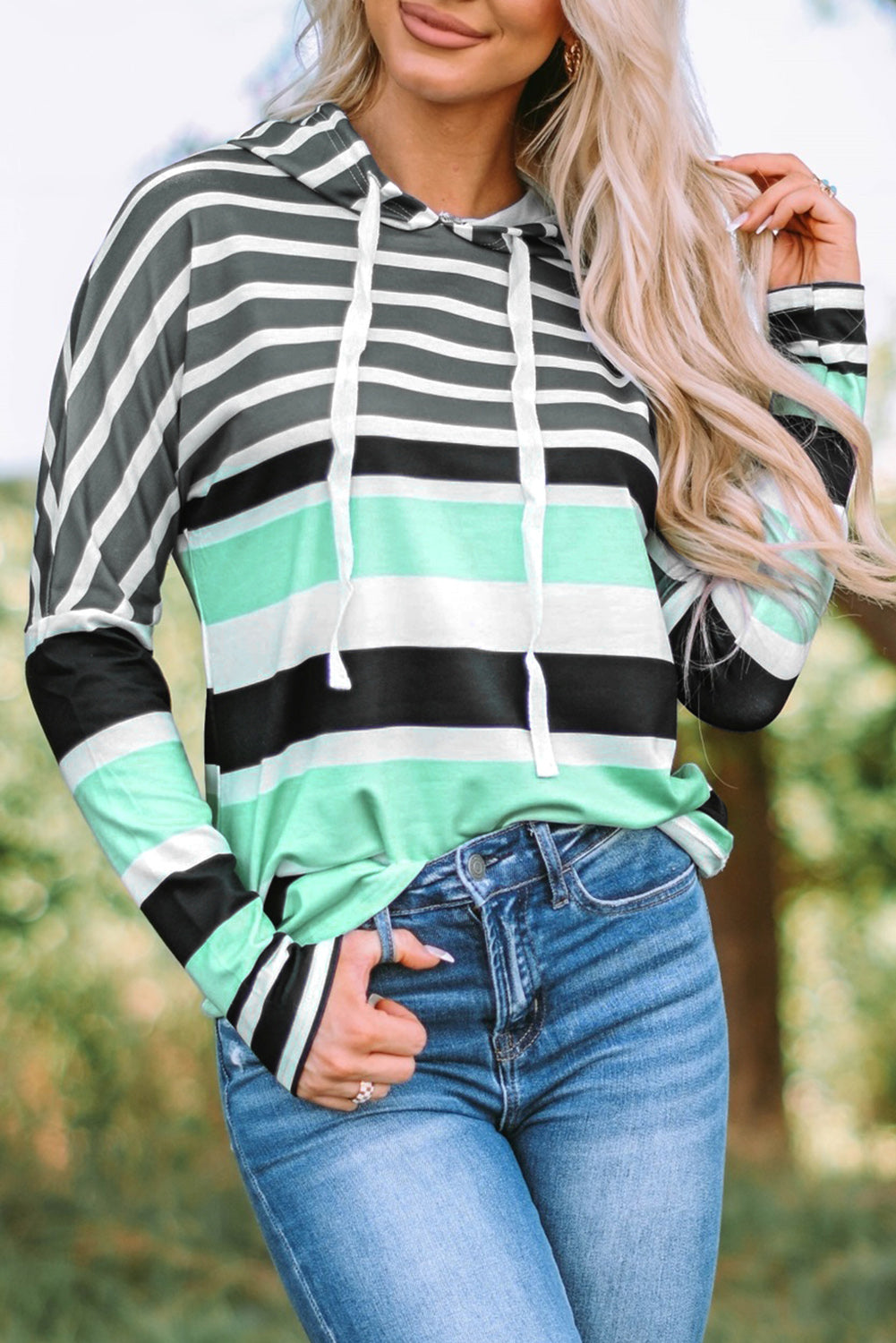 Blue Striped Color Block Drawstring Long Sleeve Hoodie