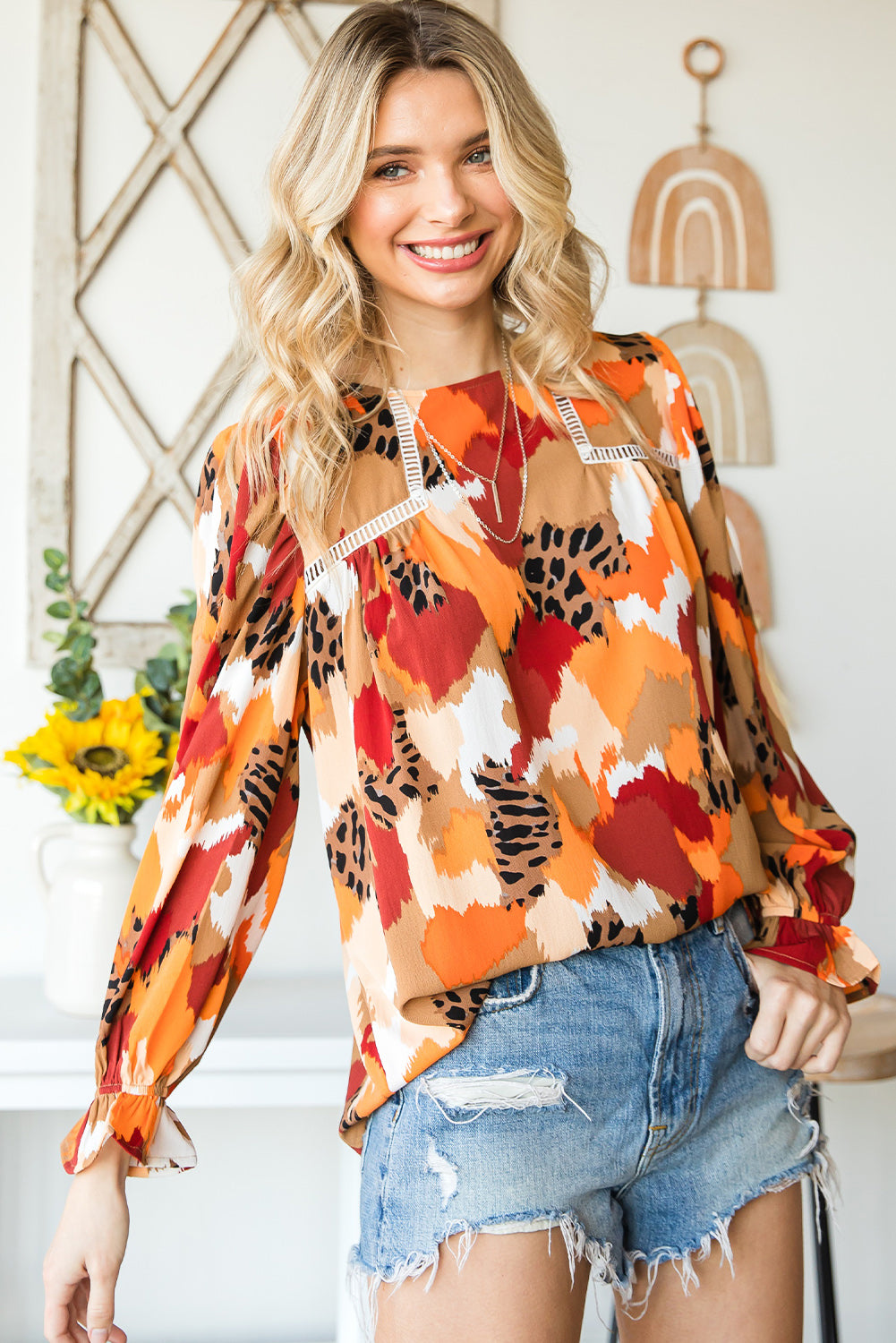 Multicolor Abstract Print Ruffle Puff Sleeve Blouse