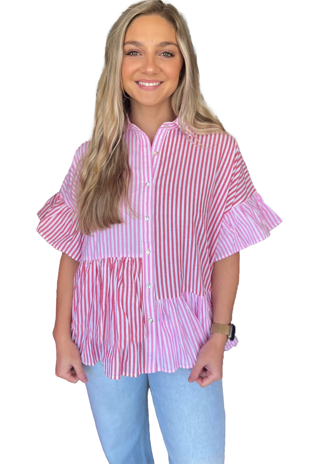 Pink Striped Patchwork Ruffle Button Up Shirt