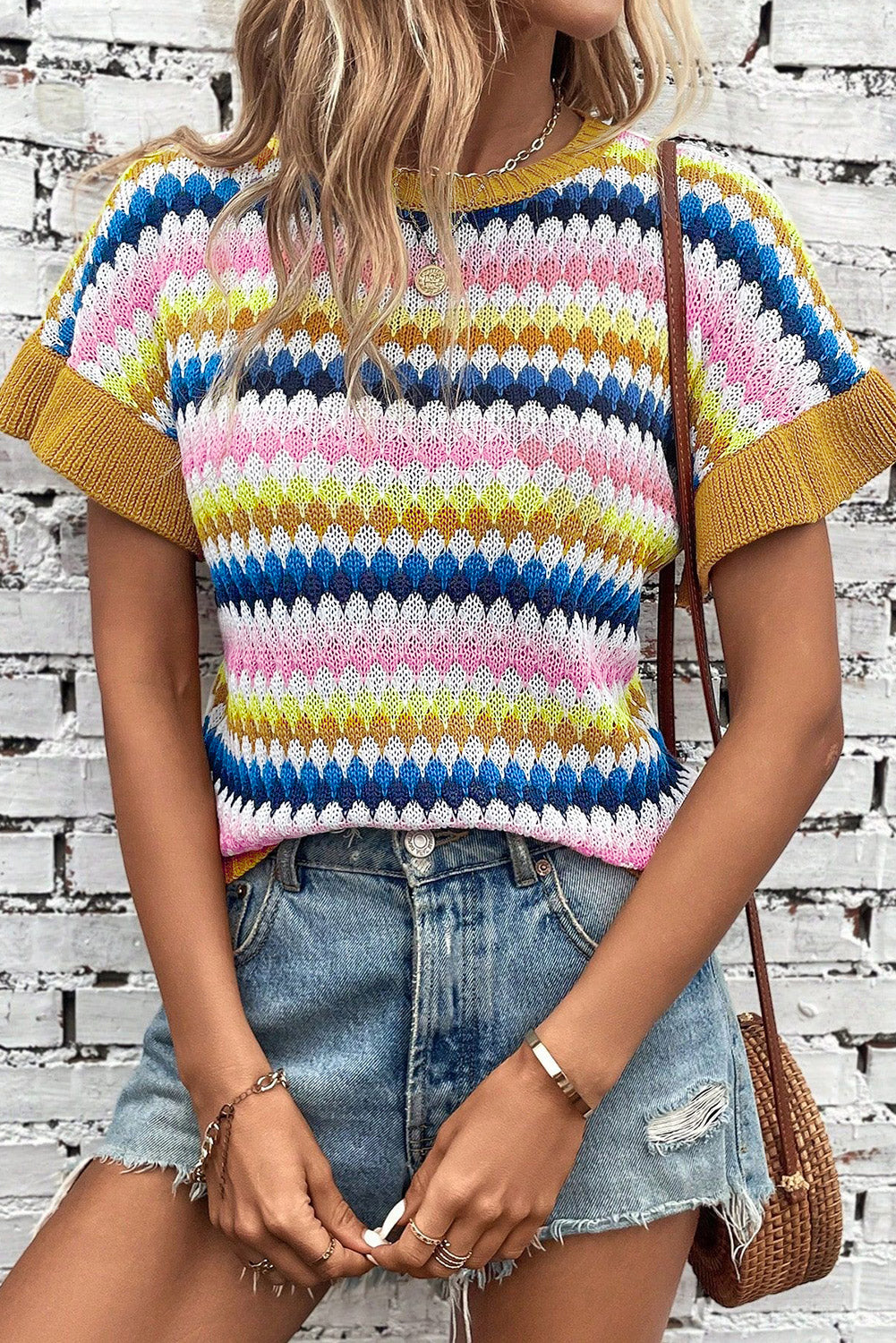 Fiery Red Color Block Strip Ruffle Sleeve Knit Top