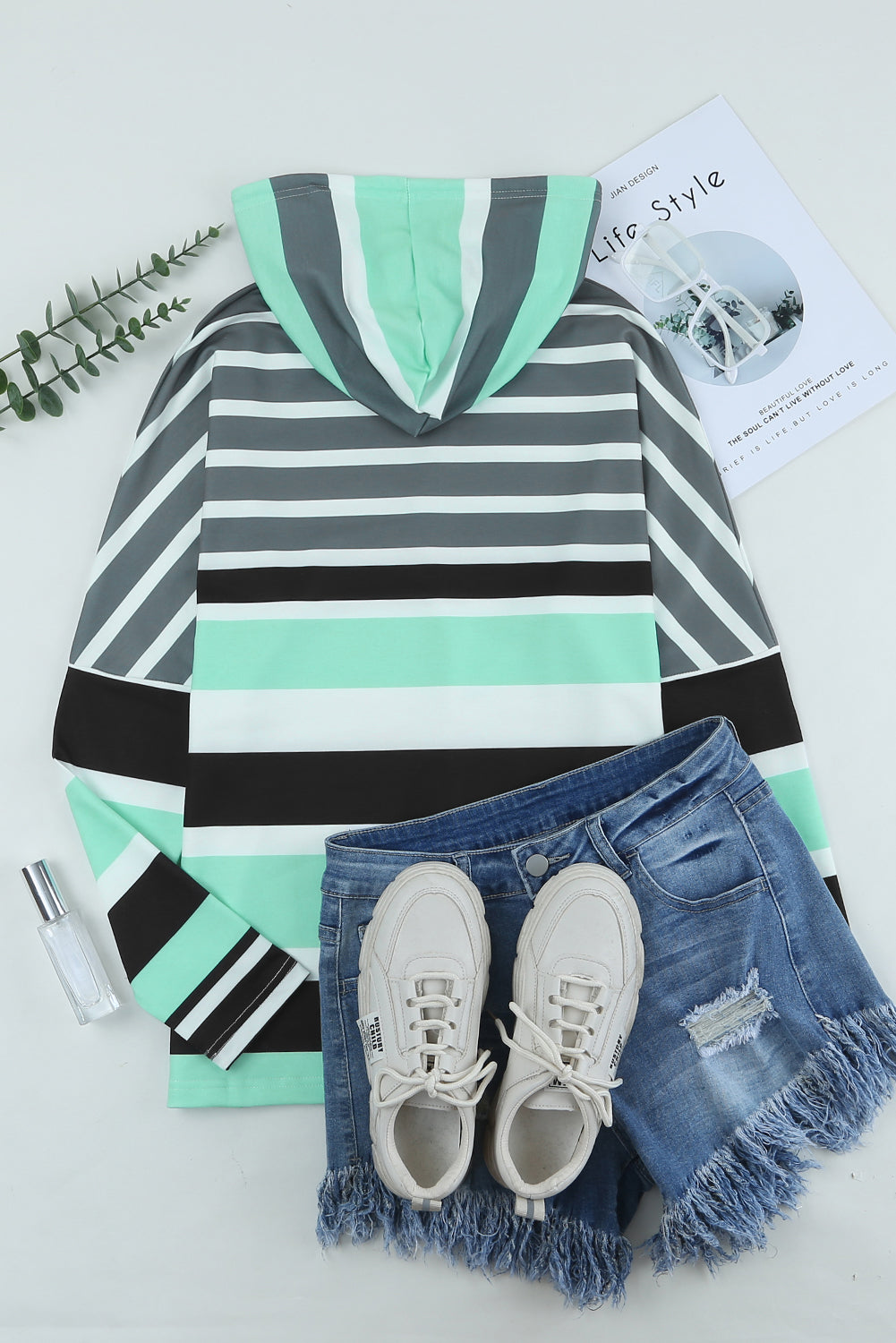 Blue Striped Color Block Drawstring Long Sleeve Hoodie