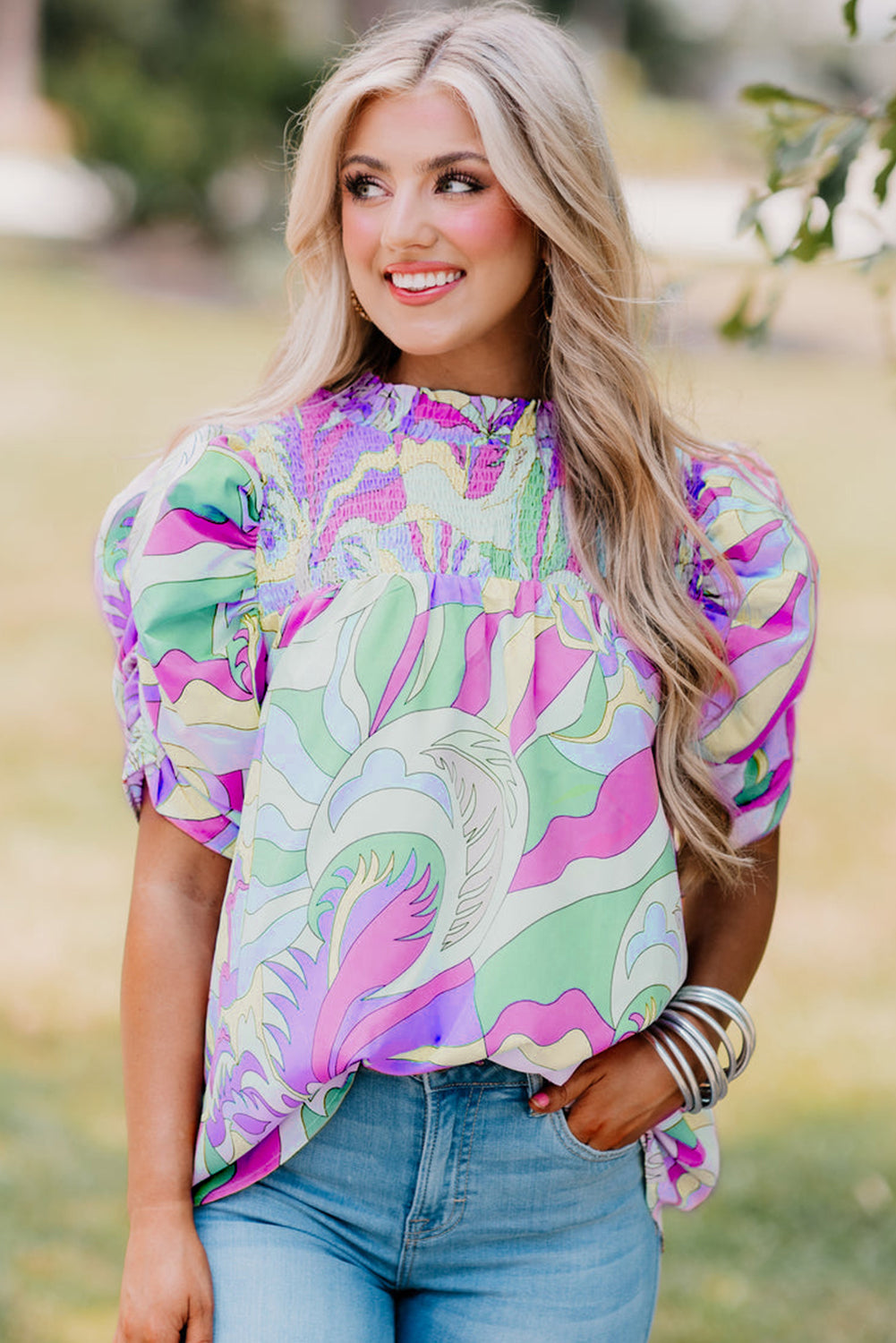 Green Abstract Print Smocked Bubble Sleeve Blouse