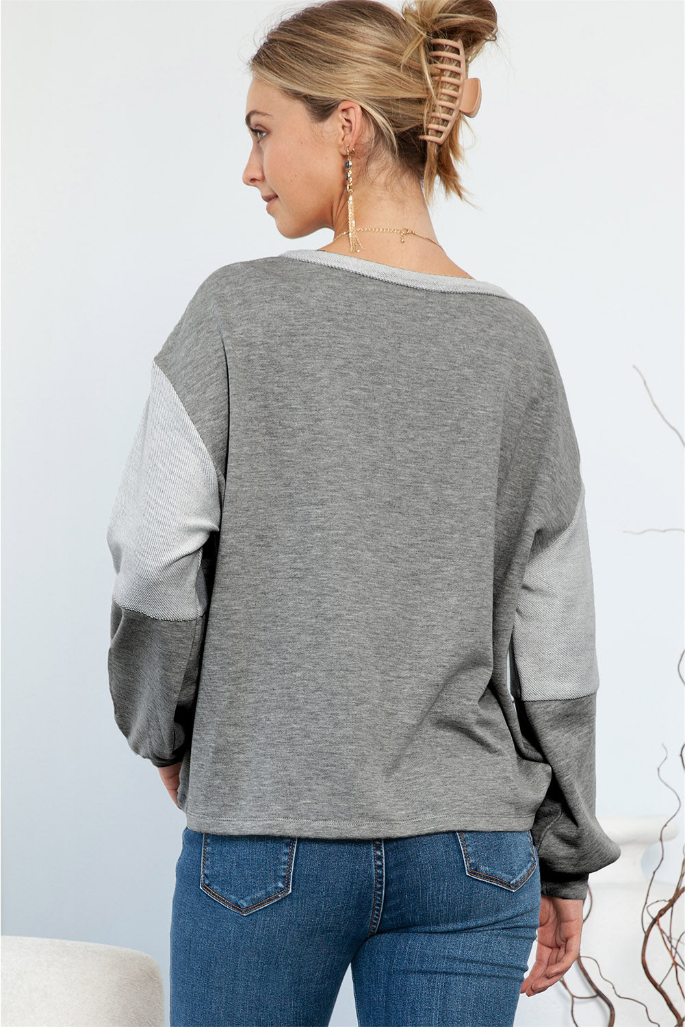 Grey Patchwork Chest Pockets Long Sleeve Pullover Top