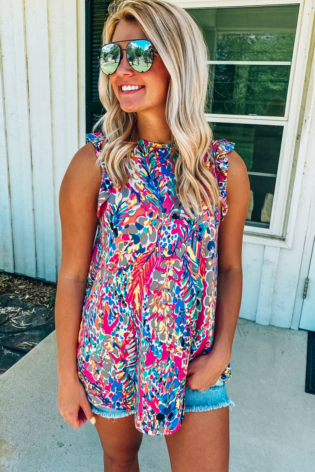 Rosy Boho Abstract Print Color Block Ruffle Babydoll Sleeveless Shirt