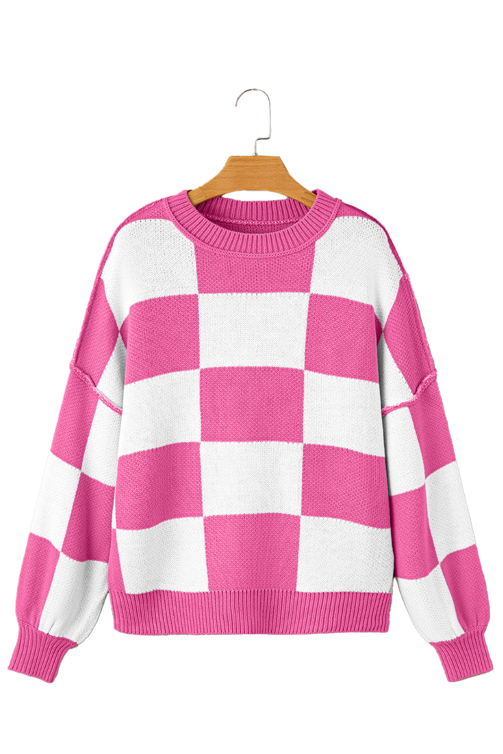 Pink Checked Bishop Sleeve Pullover Sweater