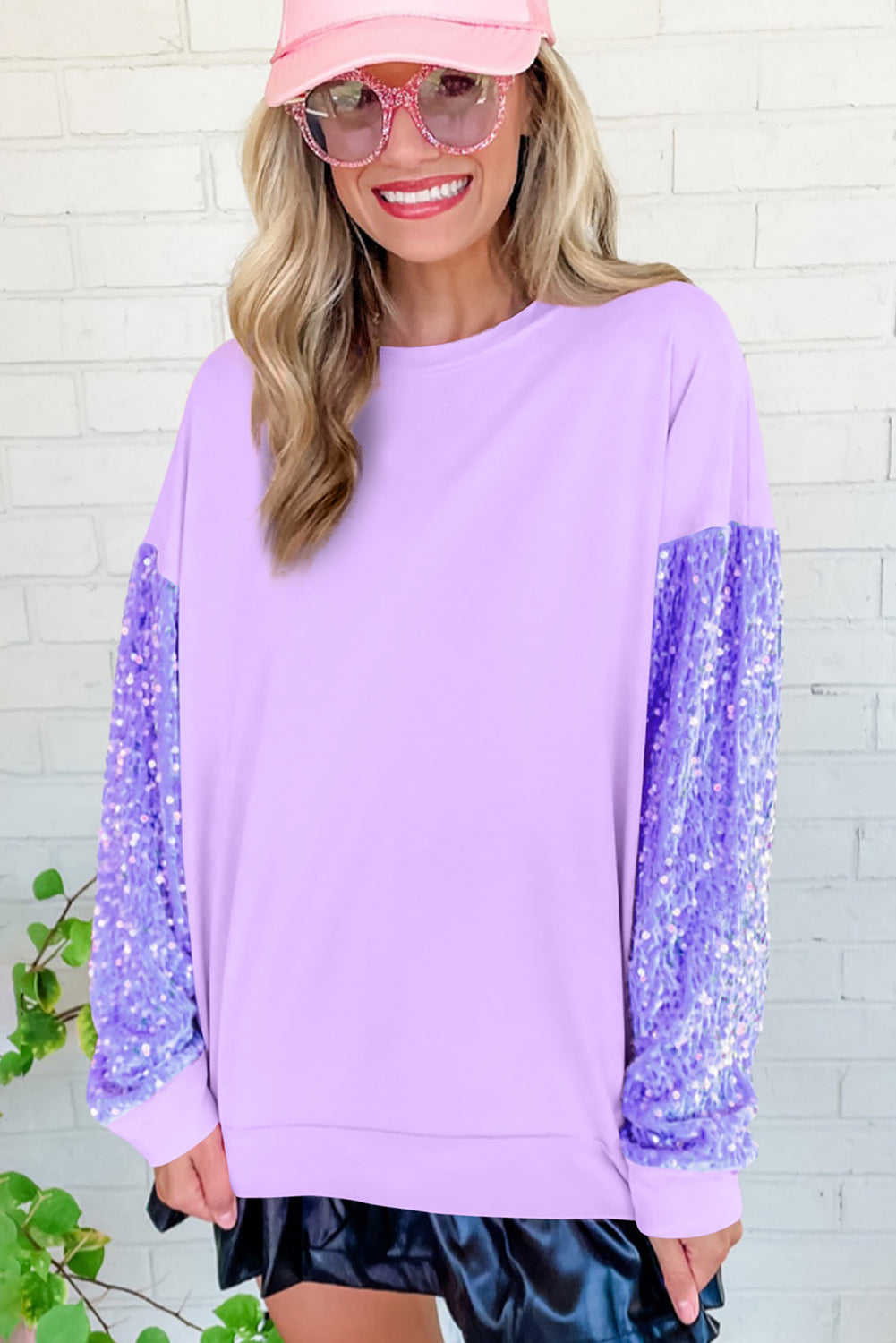 Pink Sequin Patchwork Long Sleeve Pullover Top