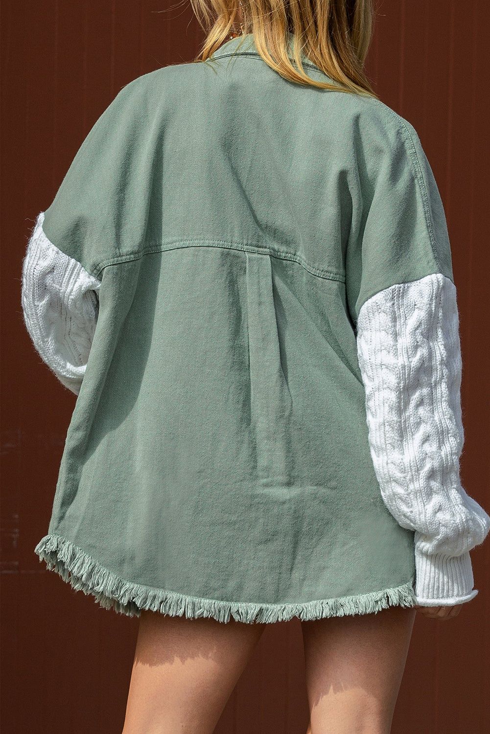 Green Cable Knit Patchwork Sleeve Raw Hem Shacket