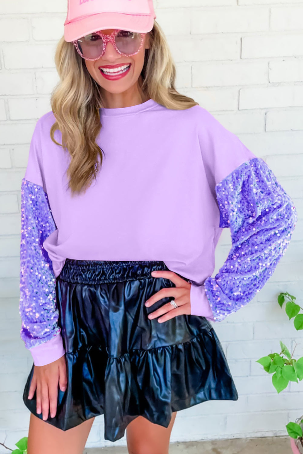 Pink Sequin Patchwork Long Sleeve Pullover Top