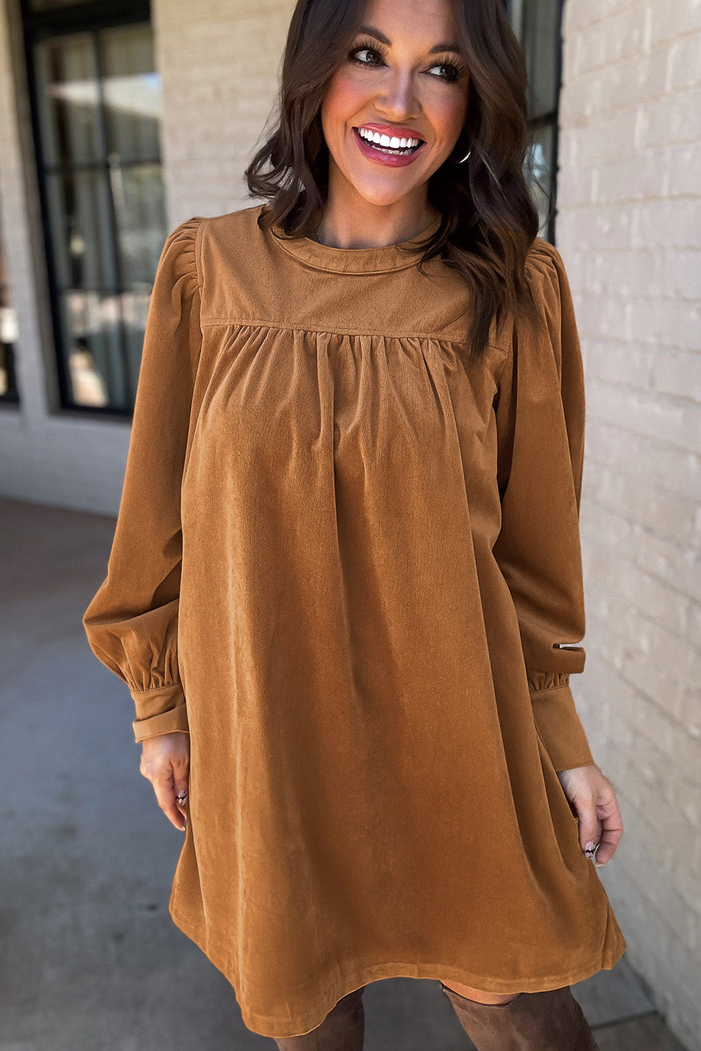 Desert Gold Velvet Pleated Puff Sleeve Shift Short Dress
