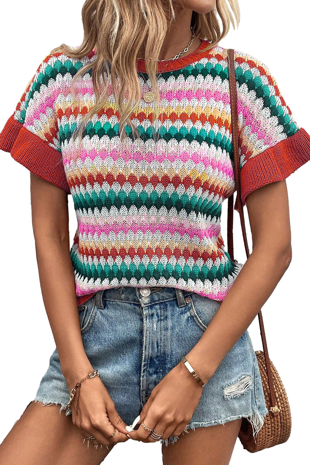 Fiery Red Color Block Strip Ruffle Sleeve Knit Top