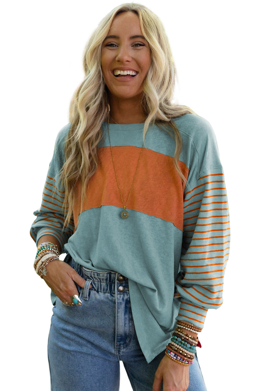 Gray Colorblock Striped Bishop Sleeve Side Slit Top