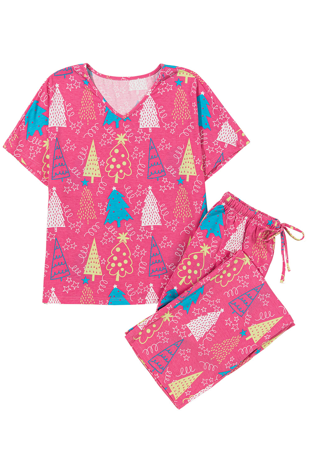 Red Christmas Tree Print V Neck Tee and Pants Loungewear Set