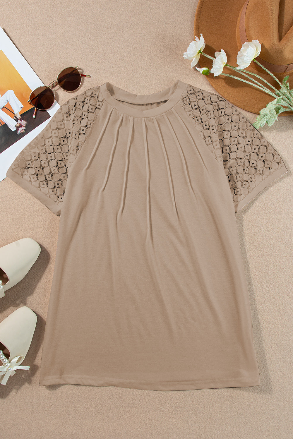 Pale Khaki Lace Raglan Sleeve Tee