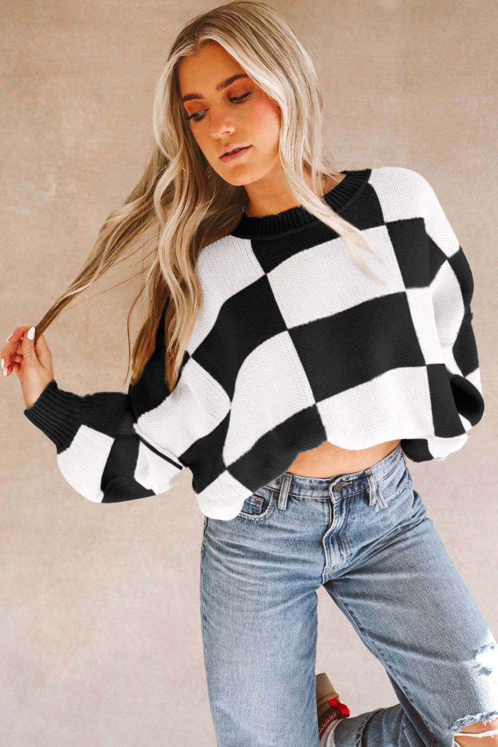 Pink Checked Bishop Sleeve Pullover Sweater