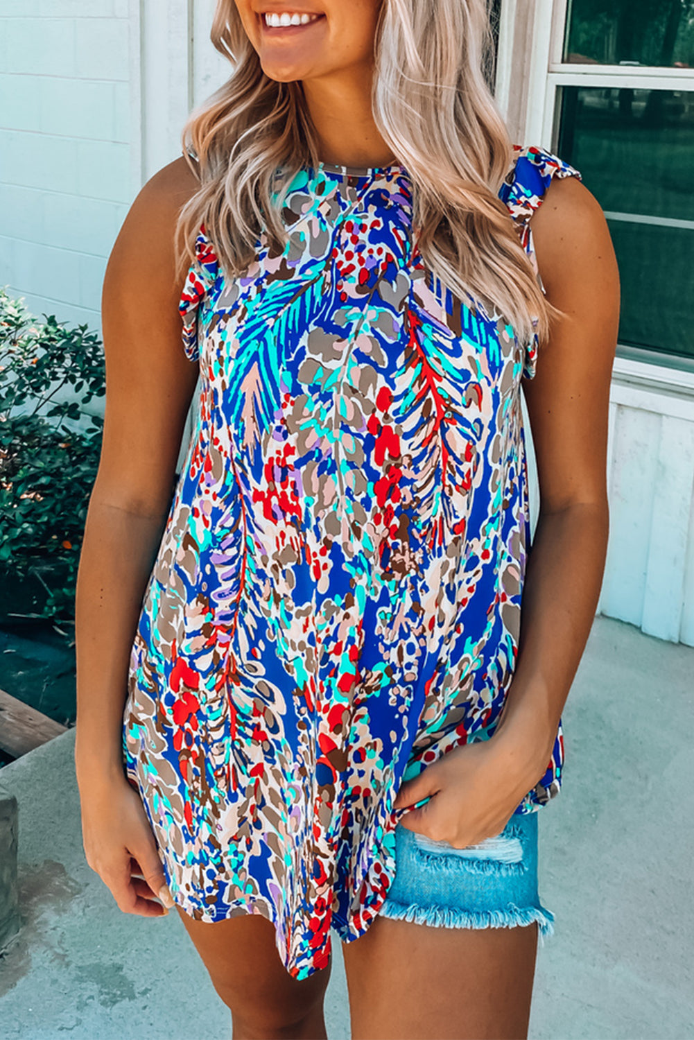 Rosy Boho Abstract Print Color Block Ruffle Babydoll Sleeveless Shirt