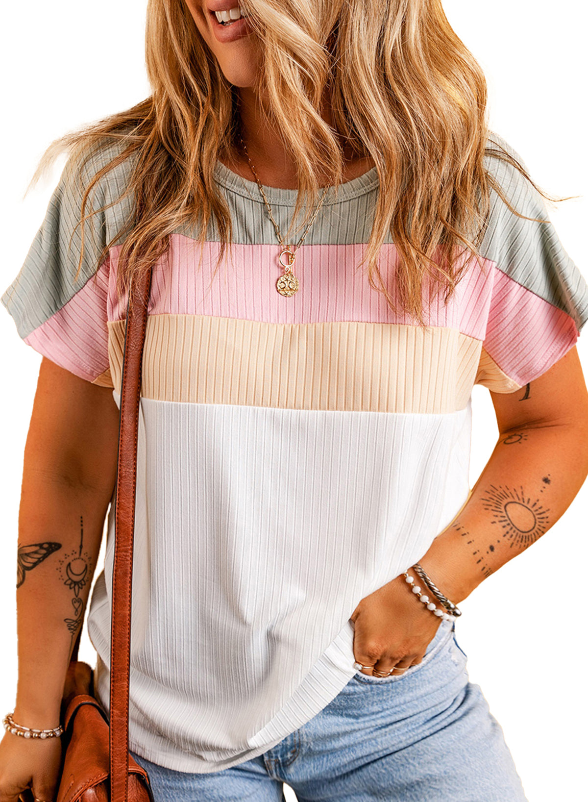 White Ribbed Color Block Patchwork Plus T shirt