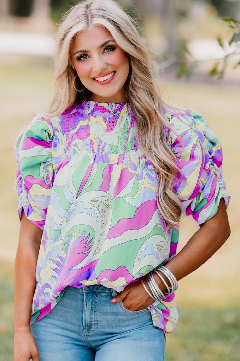 Green Abstract Print Smocked Bubble Sleeve Blouse