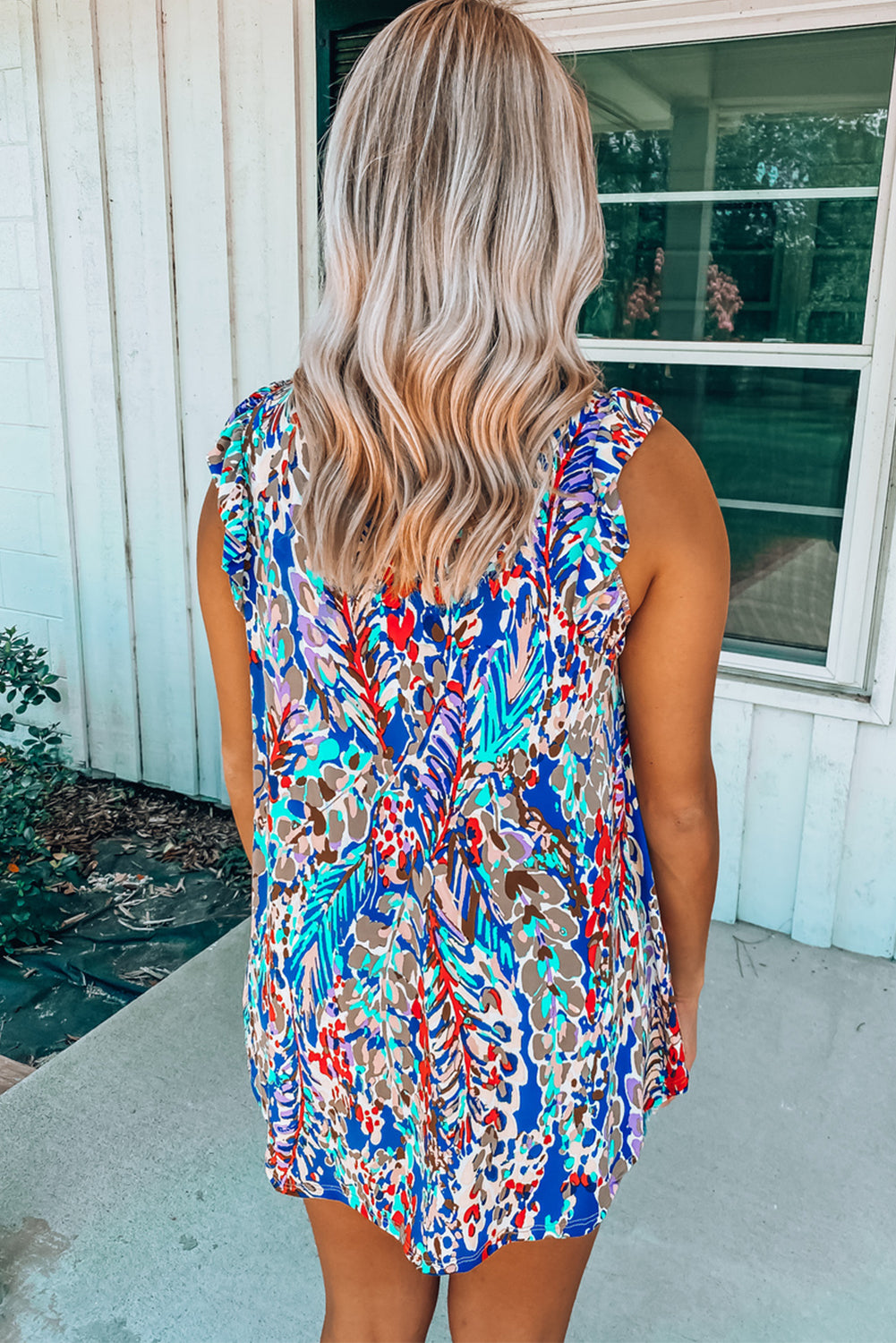 Rosy Boho Abstract Print Color Block Ruffle Babydoll Sleeveless Shirt