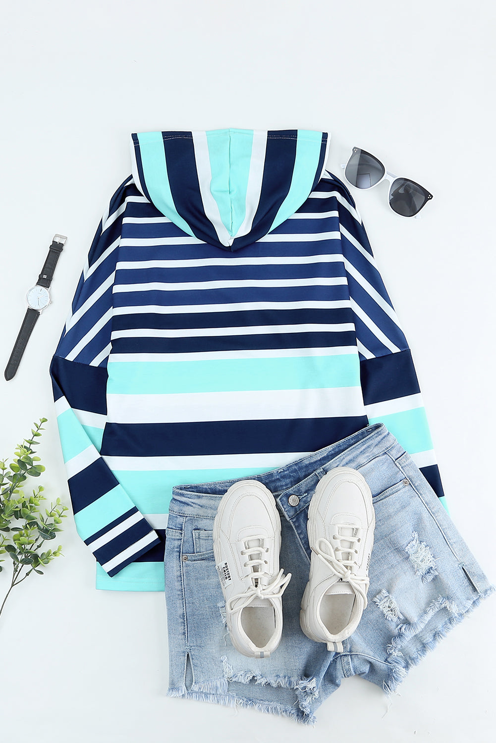 Blue Striped Color Block Drawstring Long Sleeve Hoodie
