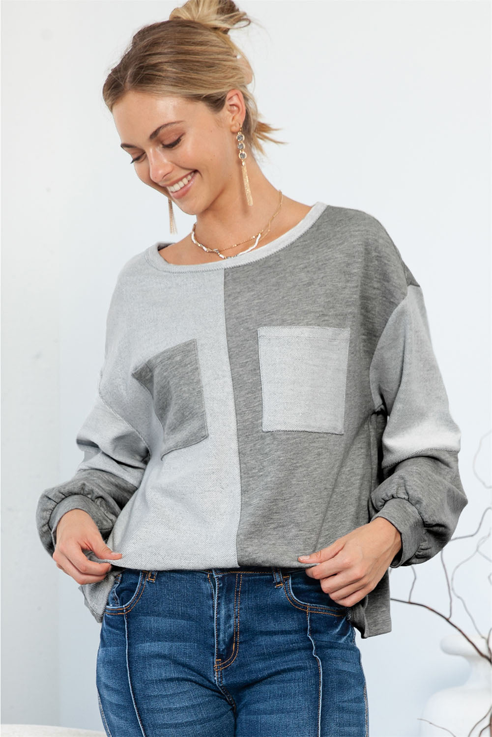 Grey Patchwork Chest Pockets Long Sleeve Pullover Top