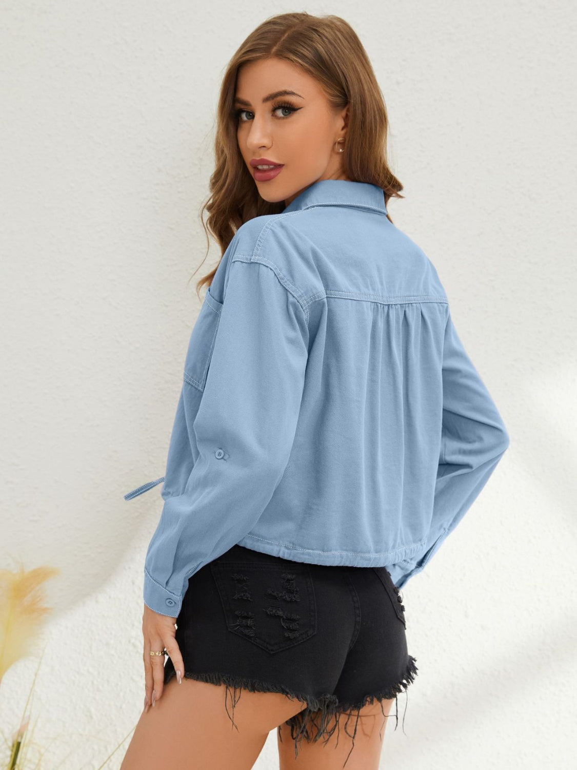 Collared Neck Long Sleeve Drawstring Shirt