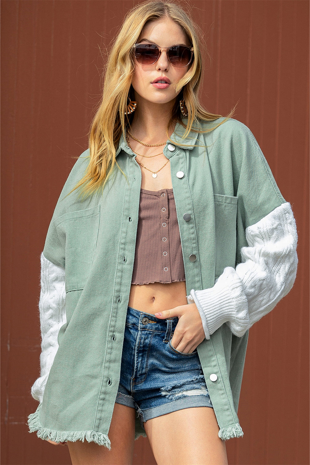 Green Cable Knit Patchwork Sleeve Raw Hem Shacket