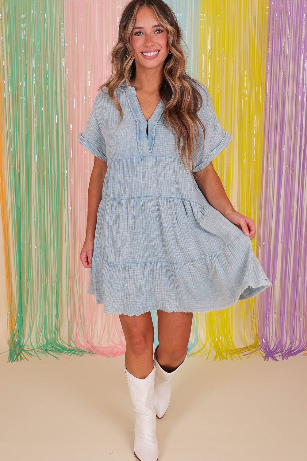 Beau Blue Mineral Wash Tiered Dress