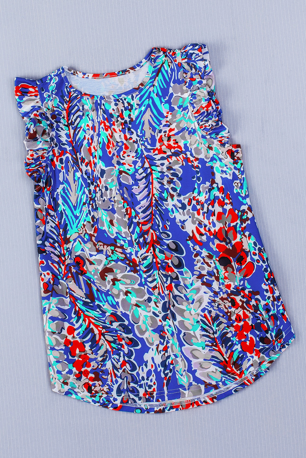 Rosy Boho Abstract Print Color Block Ruffle Babydoll Sleeveless Shirt