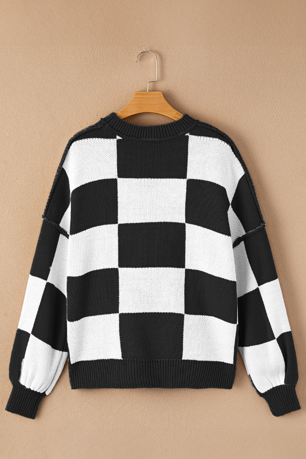 Pink Checked Bishop Sleeve Pullover Sweater