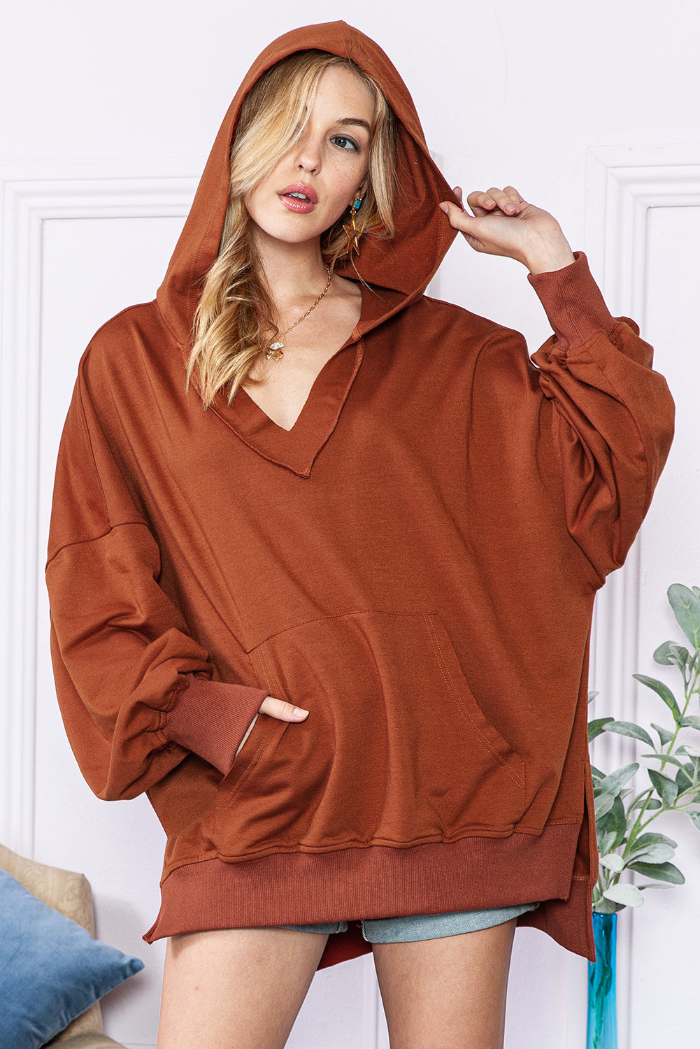 Chestnut Patchwork V-Neck Oversized Slit Hem Sweatshirt