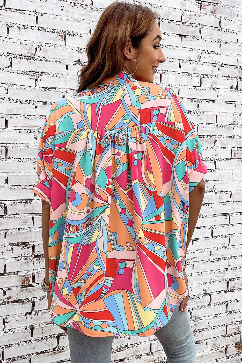 Multicolor Abstract Print Half Batwing Sleeve Loose Shirt