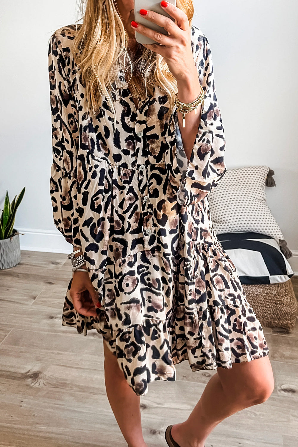 Rose Leopard Button V Neck Pocket Flowy Mini Dress