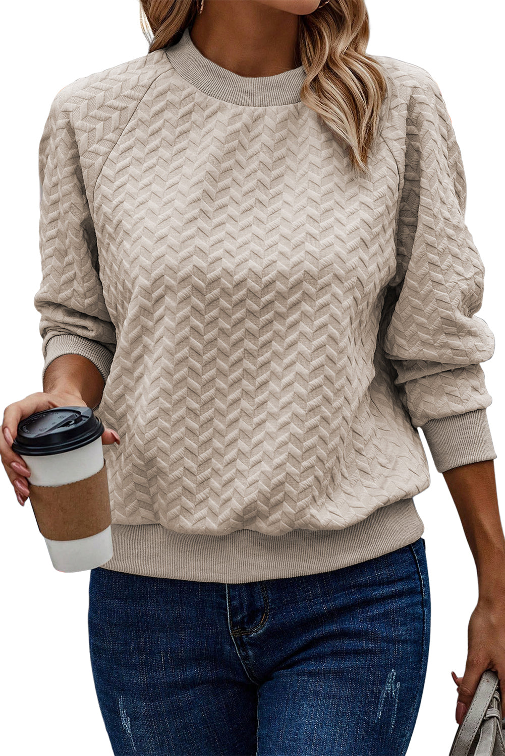 Jungle Green Solid Textured Raglan Sleeve Pullover Sweatshirt