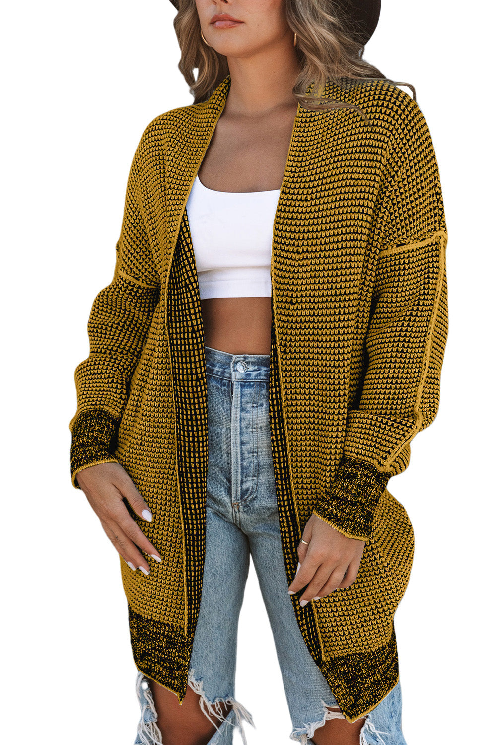 Grey Plaid Contrast Trim Casual Knit Cardigan