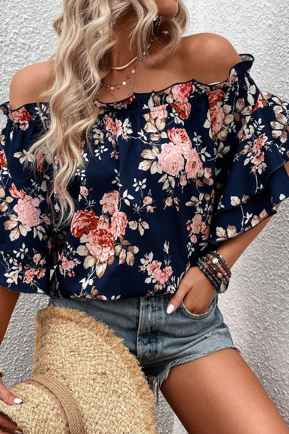 Ruffle Off Shoulder Flounce Sleeve Blue Floral Blouse