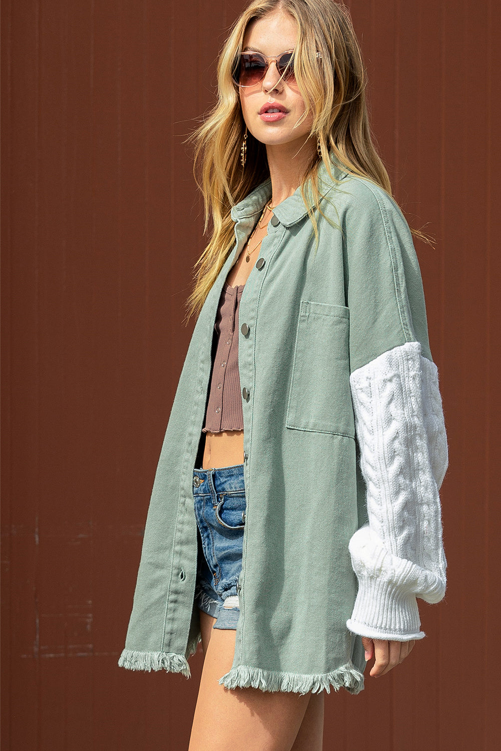 Green Cable Knit Patchwork Sleeve Raw Hem Shacket